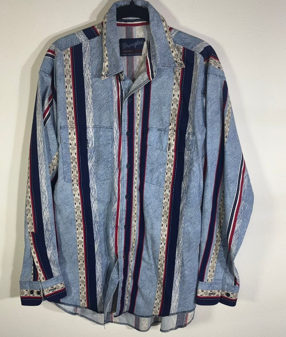 Vintage Wrangler Western Shirt Mens Blue Red Stripe X Long Tails Cowboy USA